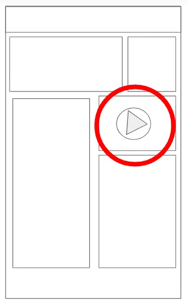 Um exemplo de wireframe de um vídeo na primeira página de um site
