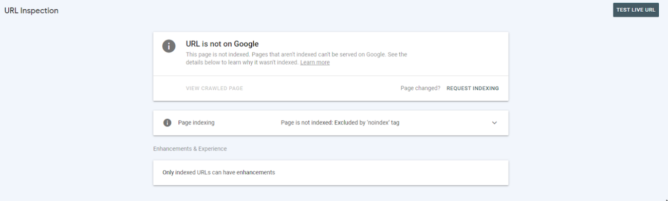 O URL não está no Google - informações da Ferramenta de inspeção de URL no Google Search Console 