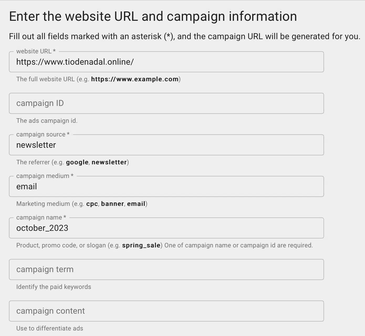 Exemplo de construtor de campanha de URL